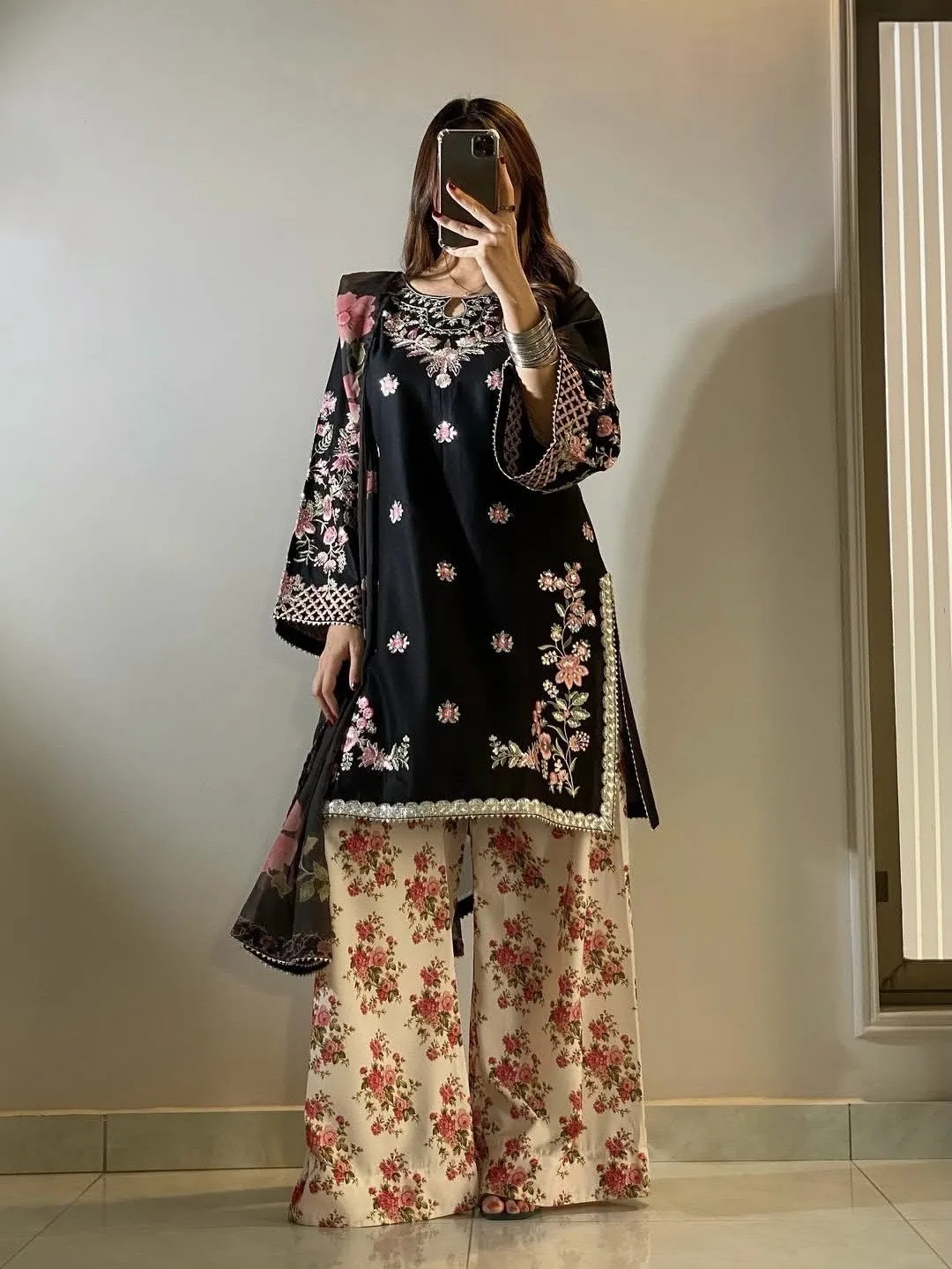 Black Floral Embroidered 3-piece Set