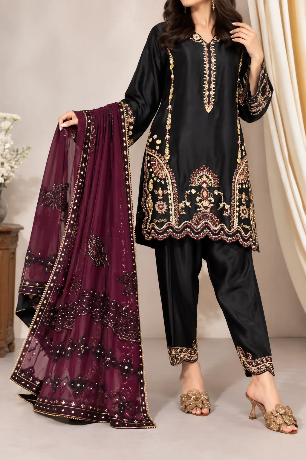 Black & Maroon Royal Embroidered 3-Piece Suit