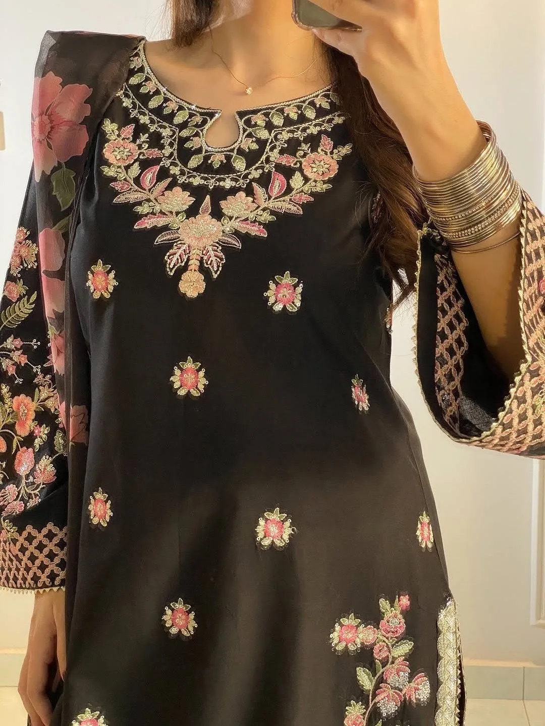 Black Floral Embroidered 3-piece Set