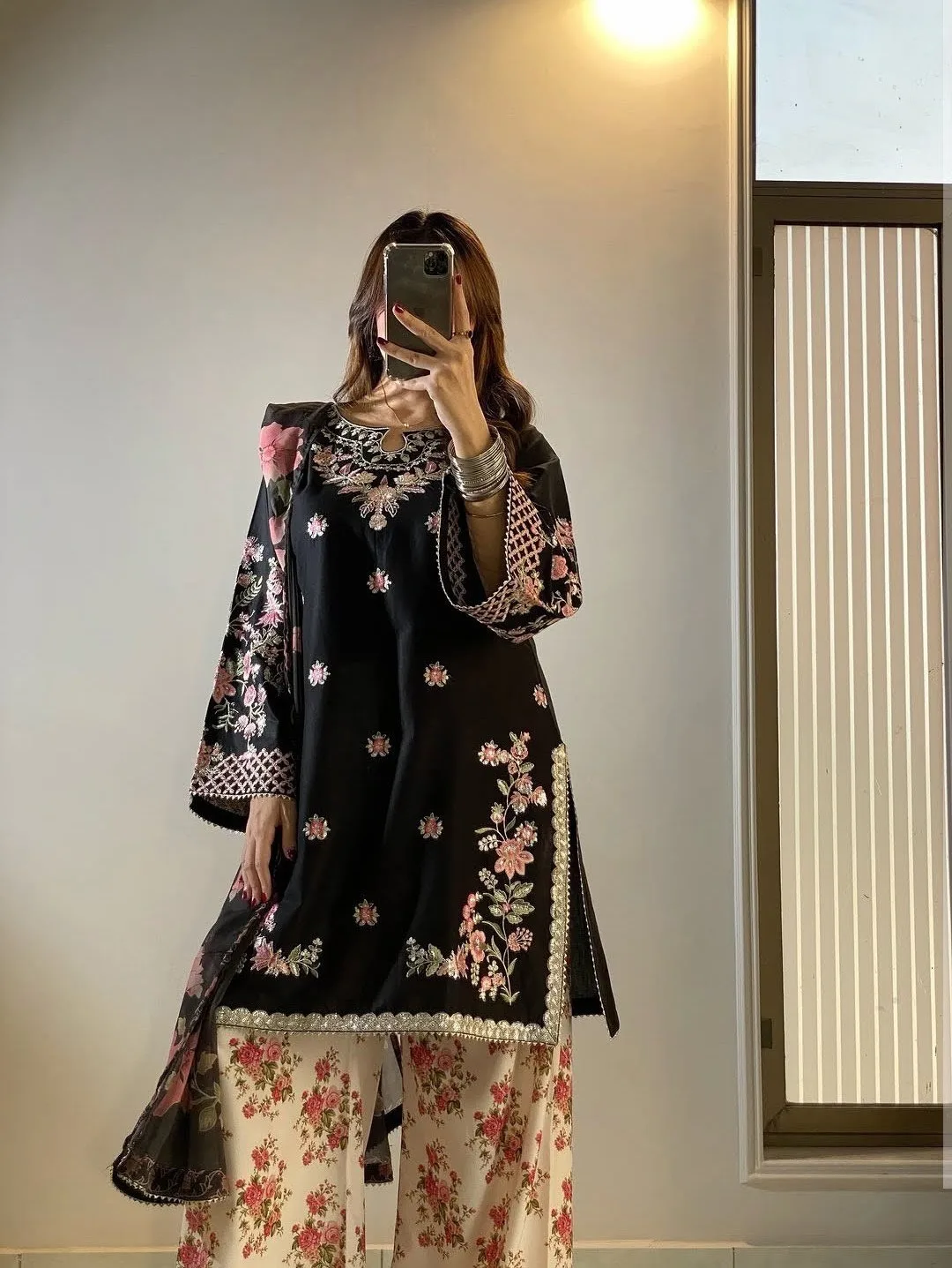 Black Floral Embroidered 3-piece Set