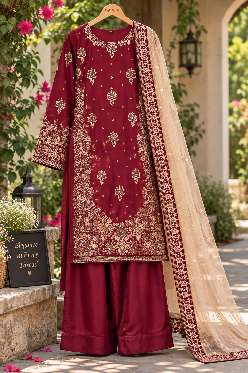 Royal Burgundy Embroidered 3-Piece Suit