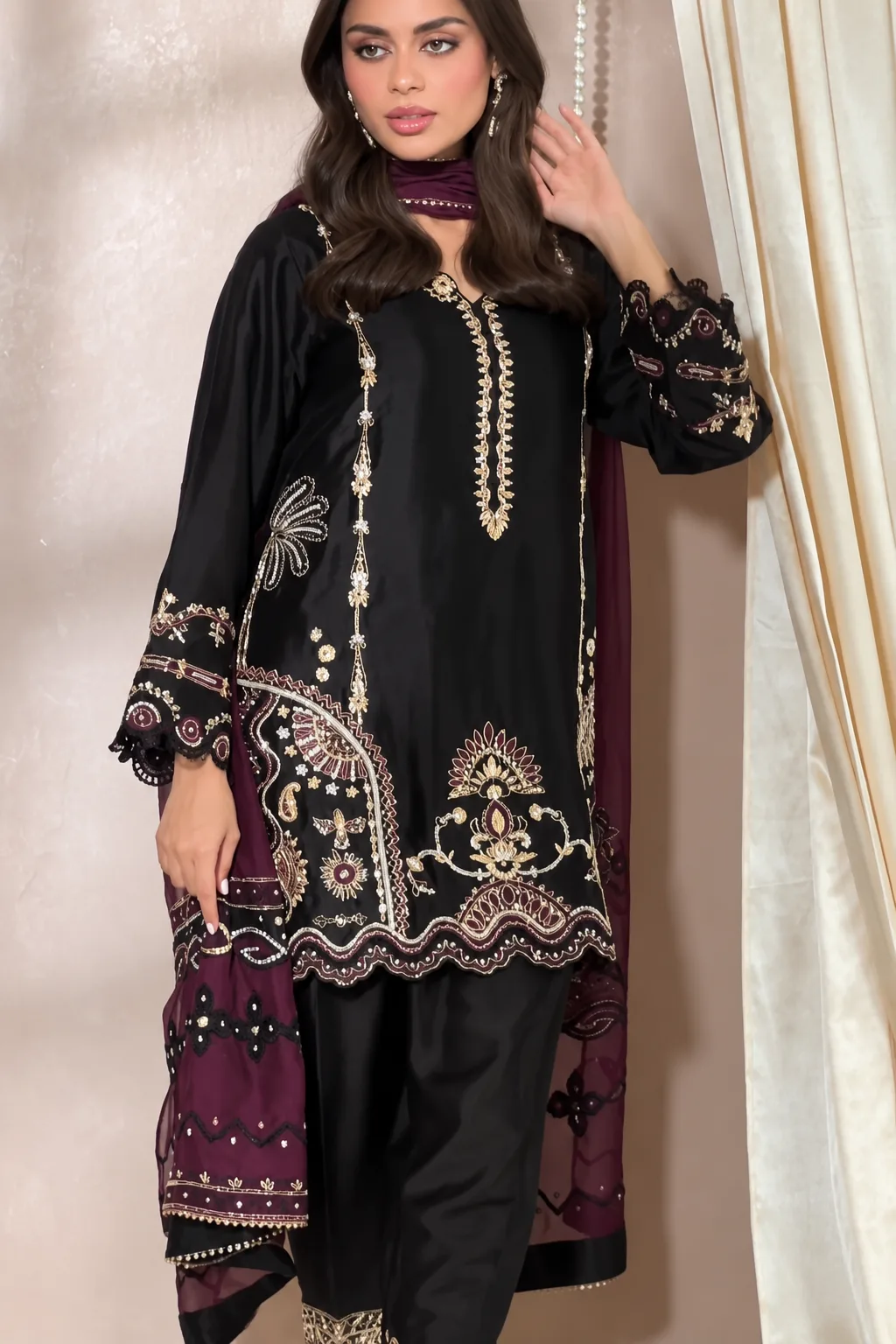 Black & Maroon Royal Embroidered 3-Piece Suit