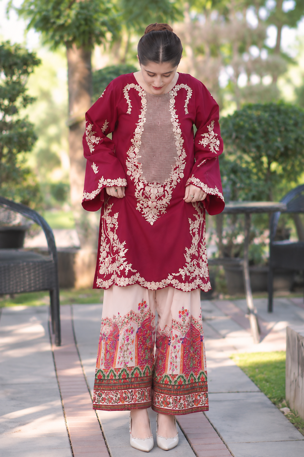 Maroon Elegance Embroidered 2-Piece Dress